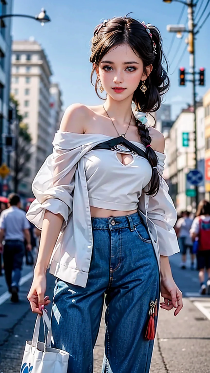 (最high quality, 8k, masterpiece: 1.3, Ultra HD, high quality, 最high quality, High resolution, realism)) 、25-year-old Caucasian female、Brunette、blue eyes、Long Hair、smile、thin、thinだがアスリートのような細マッチョ、I'I don't want my head to disappear from the screen..、wear accessories on your wrist、wearing red nail polish、Having a pedicure、Sheer off-shoulder top((Shoulder Cutout Tops))wear、シアーAladdin Pants((Aladdin Pants))wear、サンダルwear、Put the tote bag on your shoulder、Princess Two Side Up((Two-side up hairstyle))、skyscraper background、Waiting for a traffic light at an intersection