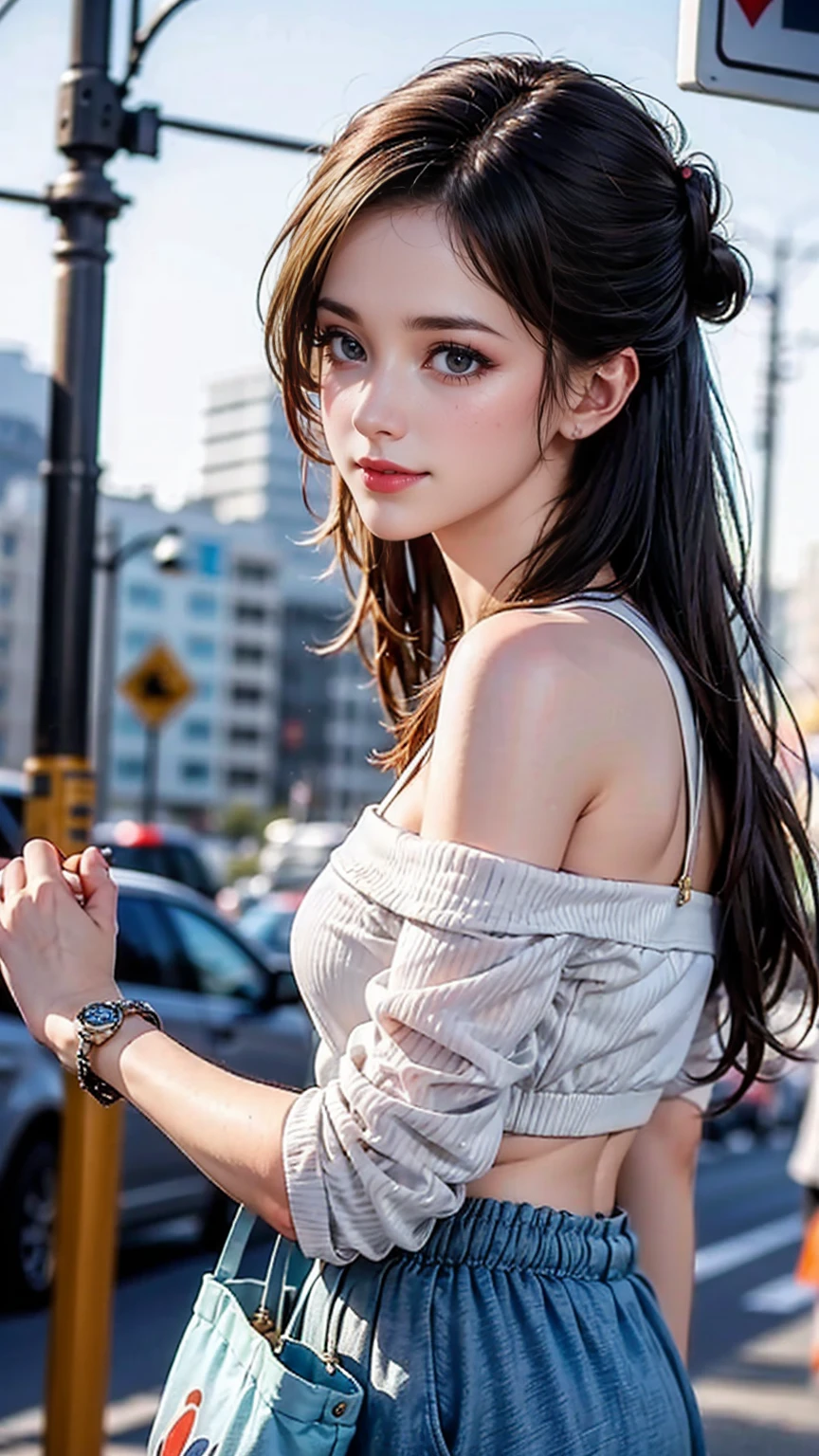 (最high quality, 8k, masterpiece: 1.3, Ultra HD, high quality, 最high quality, High resolution, realism)) 、25-year-old Caucasian female、Brunette、blue eyes、Long Hair、smile、thin、thinだがアスリートのような細マッチョ、I'I don't want my head to disappear from the screen..、wear accessories on your wrist、wearing red nail polish、Having a pedicure、Sheer off-shoulder top((Shoulder Cutout Tops))wear、シアーAladdin Pants((Aladdin Pants))wear、サンダルwear、Put the tote bag on your shoulder、Princess Two Side Up((Two-side up hairstyle))、skyscraper background、Waiting for a traffic light at an intersection