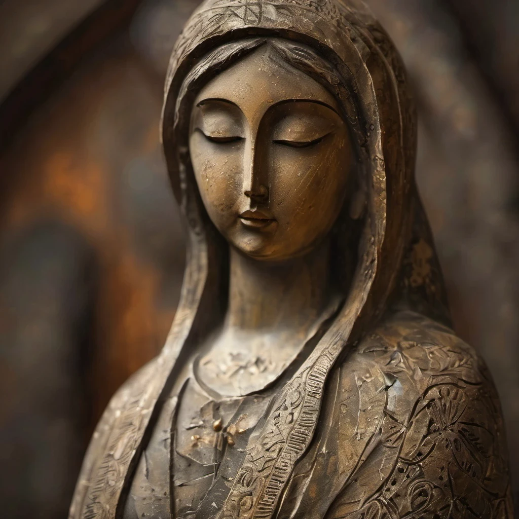 (masterpiece, best quality:1.2), Statue of the Virgin, Painted in earthy tones,With subtle patterns and textures,Invoking Ancient Wisdom. Focus on the face,With depth of field and bokeh effects. This is a high resolution image,Complex details,The background is dark,Soft lighting, style of.