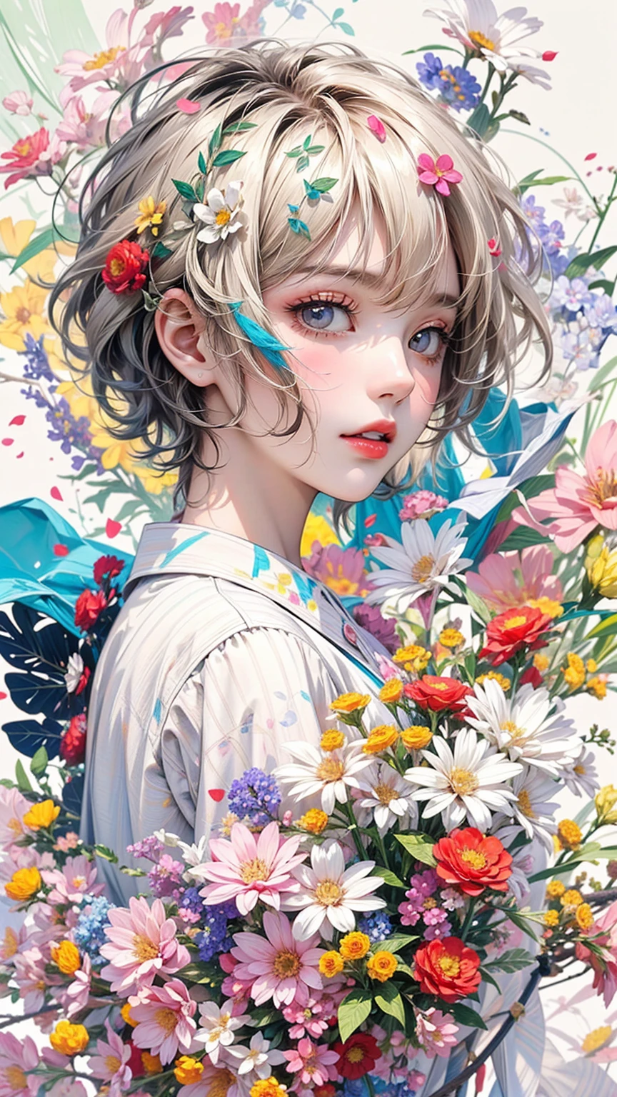 (masterpiece, High resolution, highest quality), Composition from head to thighs:1.3, Upper body focus, 20-year-old woman, Asymmetrical short hair, Disorganized, Flowers blooming in my eyes, Petals and paint collage, abstract design, artistic juxtapositions, White background, mixed-media approach, Anime Style, simple lines, Digital Painting,