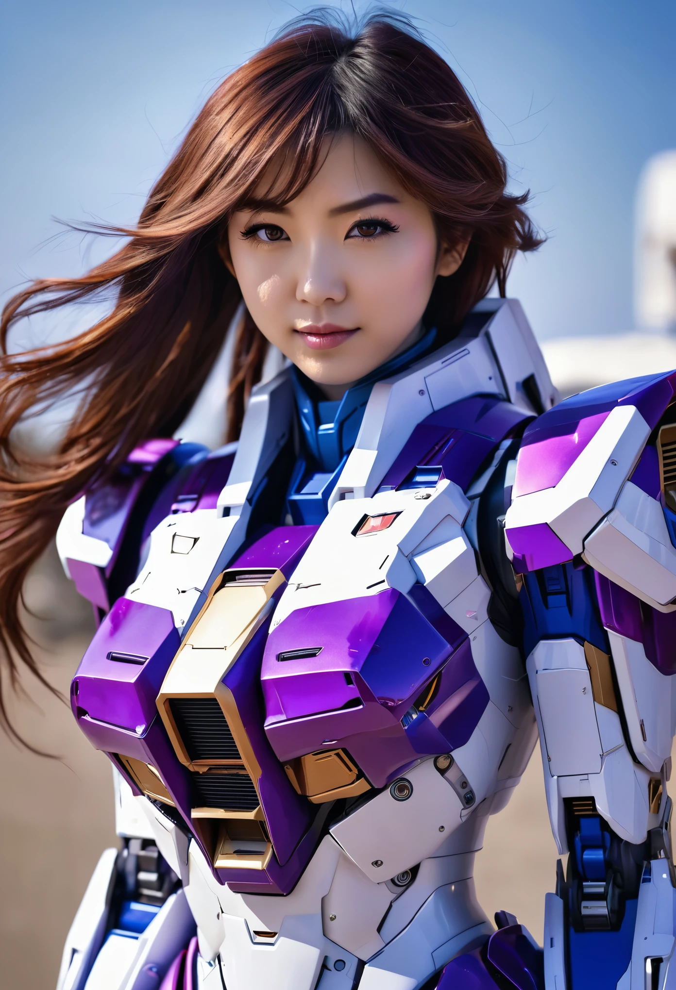 RAW, Masterpiece, Ultra Fine Photo,, Best Quality, Ultra High Resolution, Photorealistic, Sunlight, Full Body Portrait, Stunningly Beautiful,, Dynamic Poses, Delicate Face, Vibrant Eyes, a full body of a woman in a purple and white gundam custume, dybamic pose, long brown very very long hair rapunzel, girl in mecha cyber armor, portrait armored astronaut girl, d. va from overwatch, female mecha, on a gundam, gundam head, chiho aoshima color scheme, mobile suit, streamlined purple armor, fully robotic!! girl, realistic cosplay, gundam armor (dynamic pose) (best cameraview), full body, sit down, full body