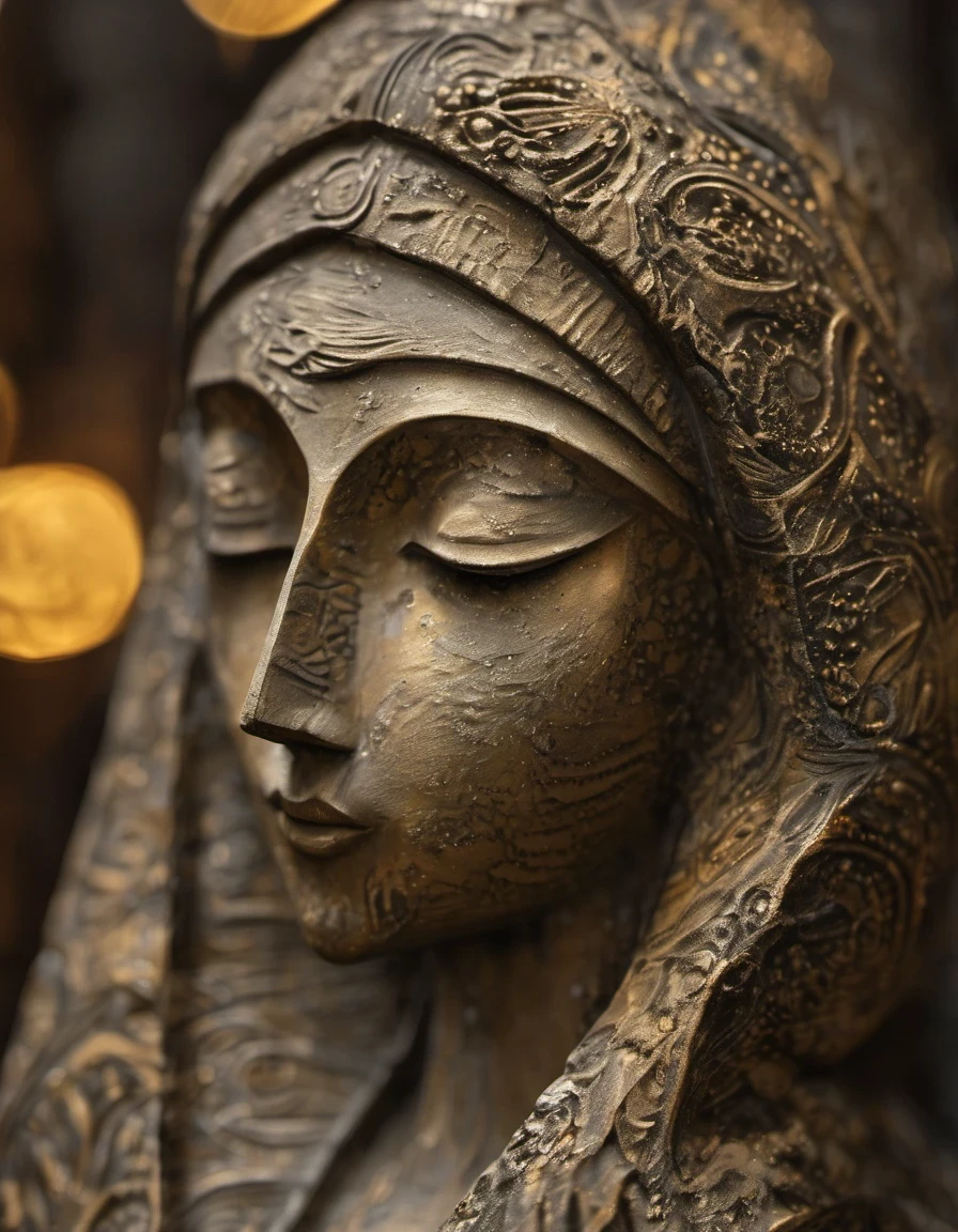 (masterpiece, best quality:1.2), Statue of the Virgin, Painted in earthy tones，With subtle patterns and textures，Invoking Ancient Wisdom. Focus on the face，With depth of field and bokeh effects. This is a high resolution image，Complex details，The background is dark，Soft lighting, style of.