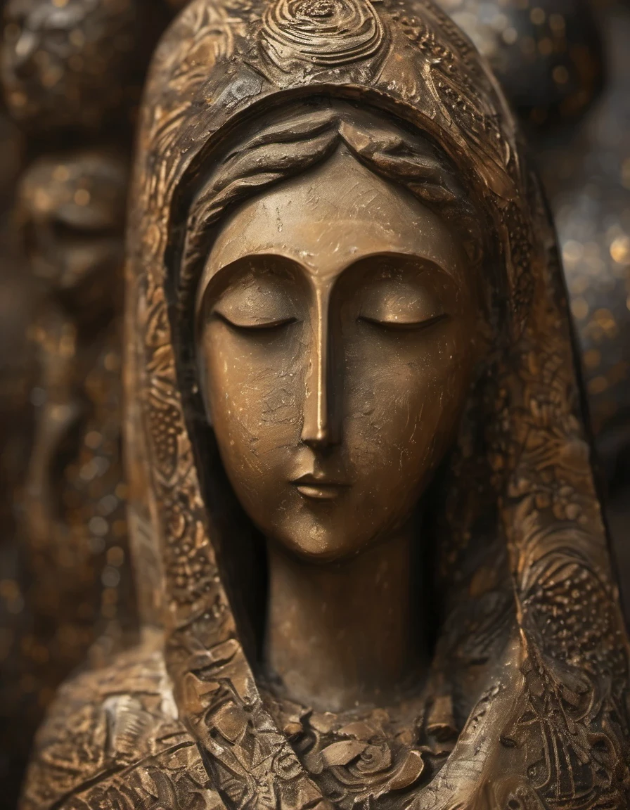 (masterpiece, best quality:1.2), Statue of the Virgin, Painted in earthy tones，With subtle patterns and textures，Invoking Ancient Wisdom. Focus on the face，With depth of field and bokeh effects. This is a high resolution image，Complex details，The background is dark，Soft lighting, style of. 
