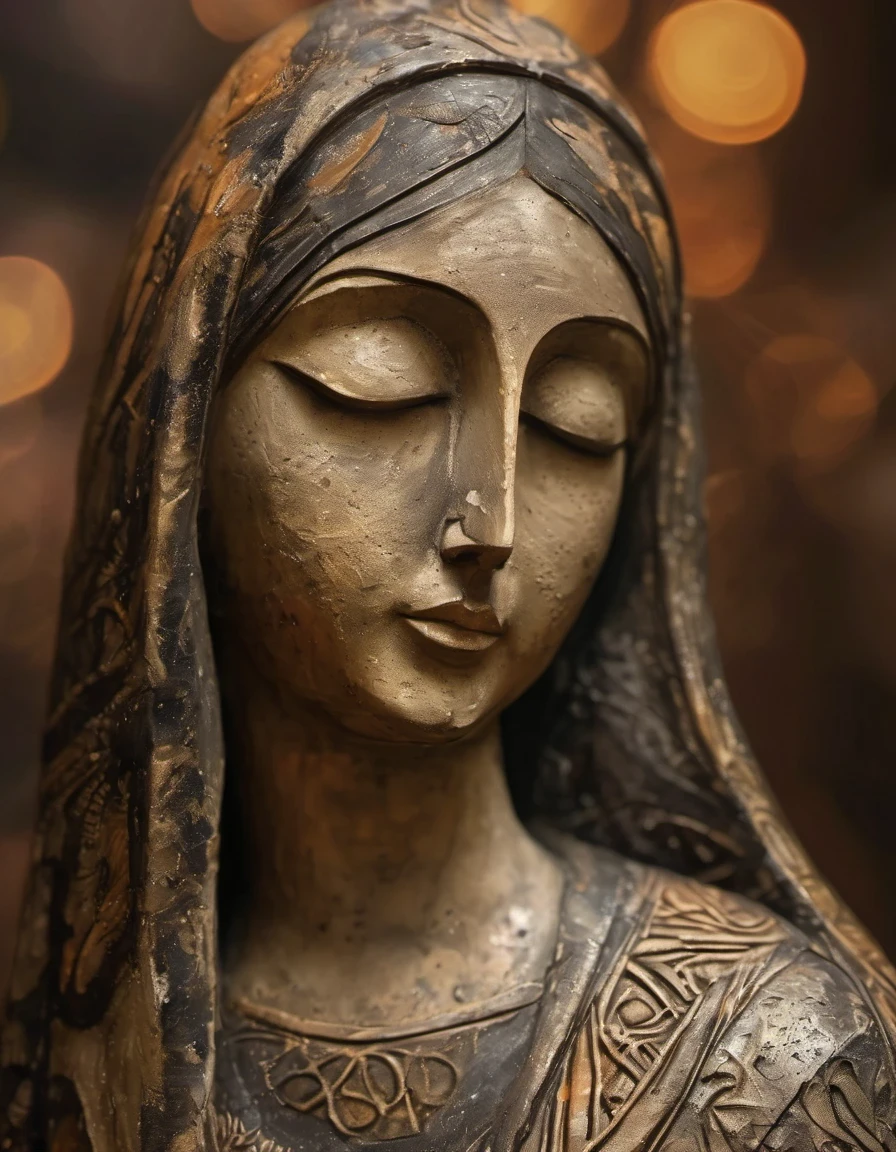 (masterpiece, best quality:1.2), Statue of the Virgin, Painted in earthy tones，With subtle patterns and textures，Invoking Ancient Wisdom. Focus on the face，With depth of field and bokeh effects. This is a high resolution image，Complex details，The background is dark，Soft lighting, style of. 
