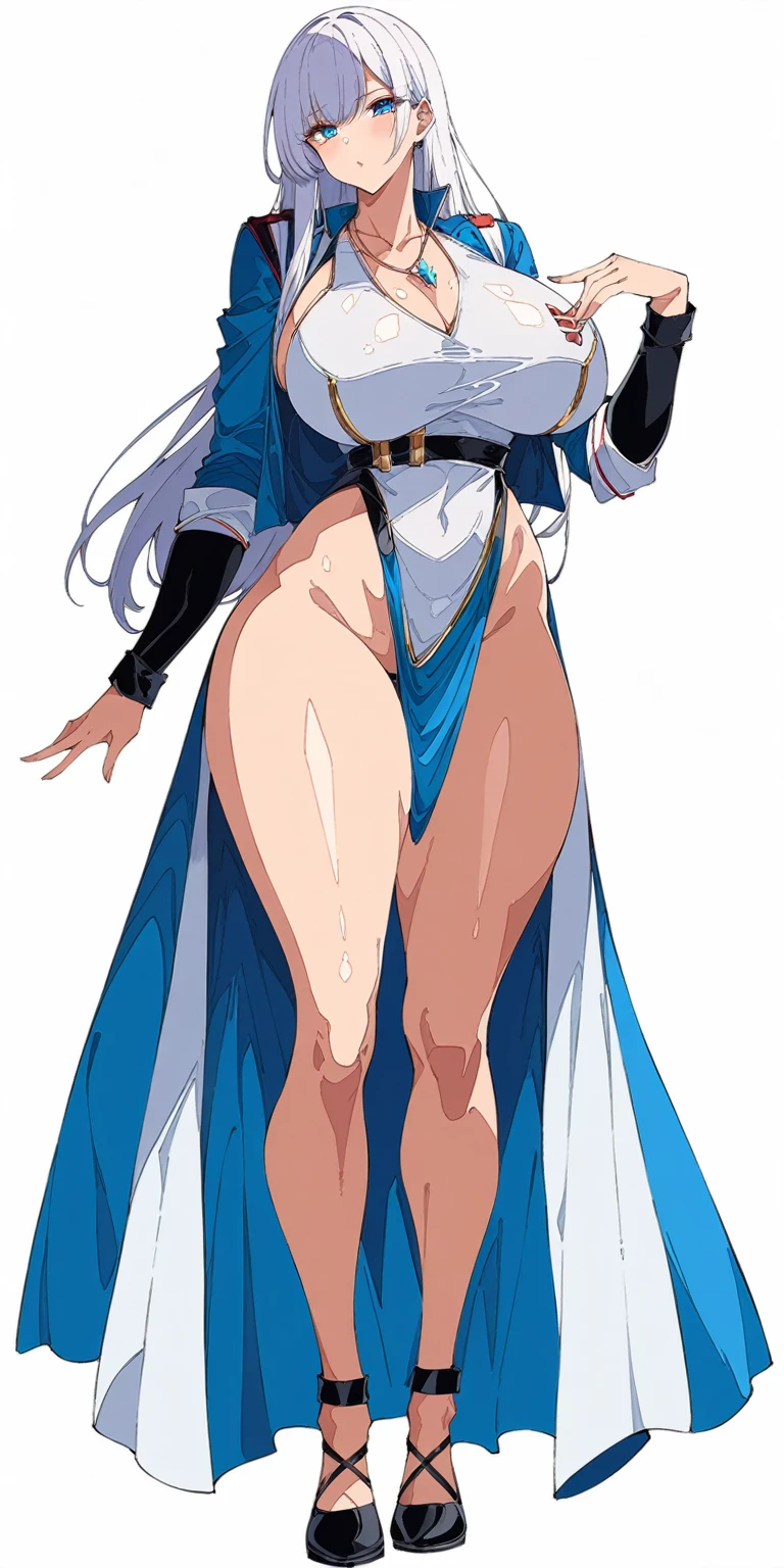 masterpiece, bestquality, ultra-detailed,
flat design, ligne claire, photorealistic,
cinematic lighting, depth of field,
1girl, (fullbody:1.4), front view, looking at viewer,
Female Hero
Hair color: Shiny silver hair that is almost golden, and flows down to her back.
Eye color: Deep blue, symbolizing courage and hope.
Height and build: Slightly taller than average, lithe but muscular.
Clothing: A modern take on the traditional hero's outfit. She wears lightweight but durable armor, with intricate patterns drawn in gold thread on the details.
Accessories: She wears a small crystal pendant around her neck. This is the source of her power.
gigantic saggy breasts, Clothes that are completely stuck to the chest, impossible clothes, Impossible clothing with perfectly shaped extremely gigantic puffy nipples, pawg, thin thighs, thick calf, slender body, thin waist, milf, mature woman, puffy lip,
(standing Contrapposto pose:1.2), spread legs, lewd pose,
(Battle clothes, Lower body clothes:1.5),
(white background:1.5),