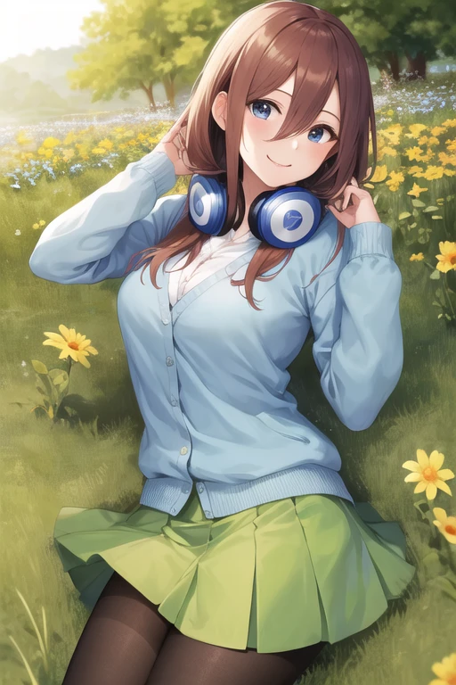 masterpiece, highest quality, High resolution, nm1, Headphones around the neck, , Long sleeve, Blue cardigan, Green Skirt, pantyhose, Cowboy Shot, smile, Open your mouth, with own hands, Field
