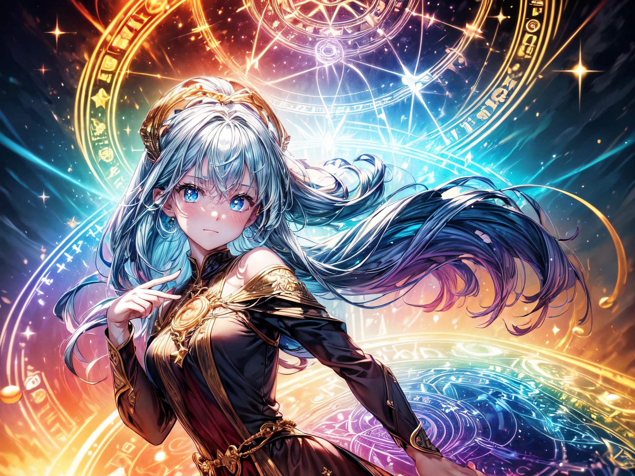 (Ultra HD,masterpiece,extremely meticulous:1.37),portrait,All magic circles,Rainbow magic circle,Full color magic circle,Water, fire, wood, electricity, earth, light, darkness, wind, ice, and gold summon time and space,Multiple series of magic,Dazzling magic effects,Detailed magic circle,a girl,magic master,Sorcerer,Close to the power of God,Rainbow Color Eyes,super detailed face,Nice face,cute,determined eyes,faint smile,summer clothing,Delicate clothing,high quality clothes,floating long hair,High quality hair,Full color magic hair color,glowing pupils,eye reflex,High quality skin,(Super fine fingers),(accurate finger:1.37)