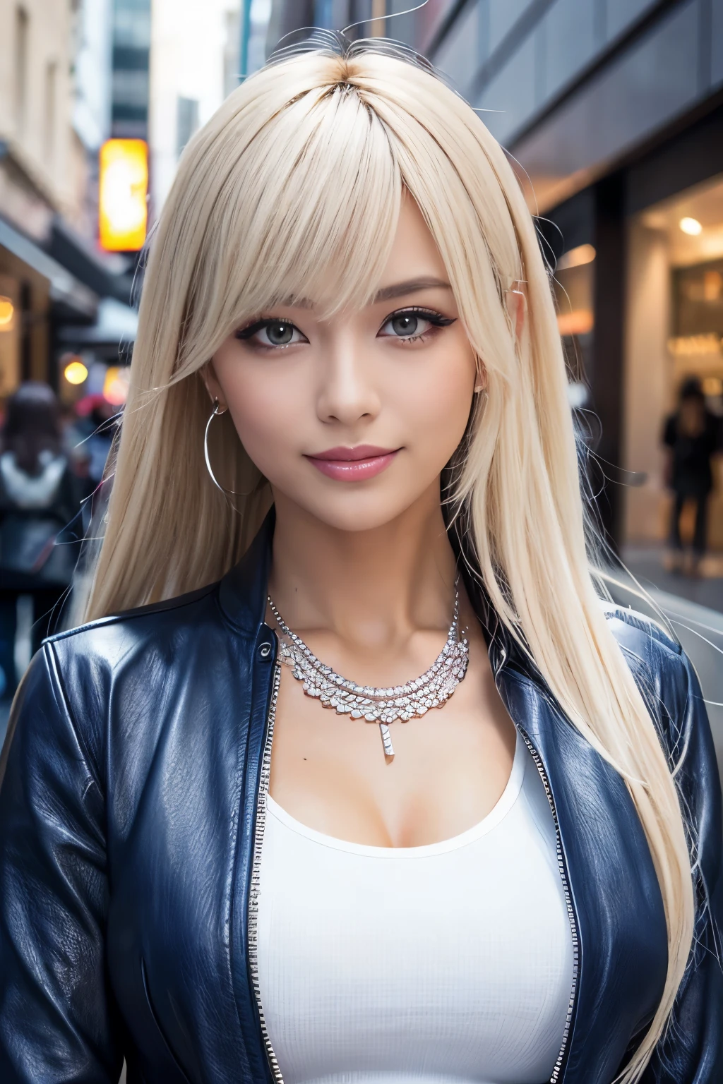 sexy italian model, beautiful smile, lipgloss, dramatic makeup, closeup photo, (sparkling large necklace), (sparkling large bracelets), day scene, large shopping mall background, gyaru, (((platinum blonde stylish hair))), ((business style dark grey with dark indigo leather dress)), sweet and sexy, seductive look