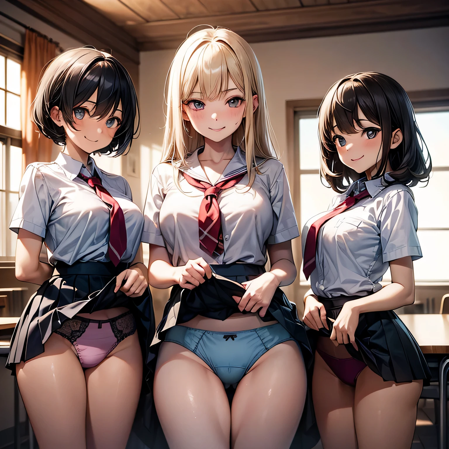 ultra-detailed,best quality,masterpiece,ultra-detailed,high resolution,extremely detailed CG,perfect anatomy,detailed,cinematic lighting,beautiful detailed eyes,ultra high res,(3girls:1.3)gleaming skin,oil skin,red,blue,pink,gold,sweat,humid,trembling,strong light coming in,spot lighting,bright,clothed,(fancy underwear:1.6),(seductive smile:1.8),pov,(naughty :1.3),(slut:1.25),(vulgarity:1.25),(skirt lift:1.3),love juice string,(school uniform:1.1)