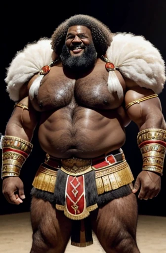 A full body afro smiling Kenyan gladiator from Imperial Rome standing a sweaty old man with big afro and gray hair extremely muscular and extremely fat over 70 years old weighing over 600 pounds with extremely large sagging pecs and very muscular and very hairy with gynecomastia Dark pointed nipples in the arena of a circus with a leather skirt
