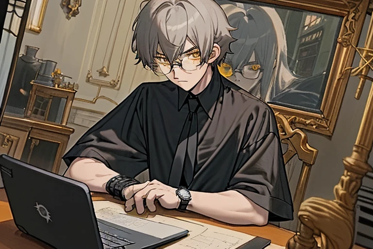 anime boy, a picture of man, 22 years old, yellow eyes, gray hair, has a bangs, medium hair, tied hair in back, glasses, serious eyebrows, work clothing, black shirt, black tie, antique watch somewhere near him, focus in his work, using laptop, in a vintage roomwork, serious