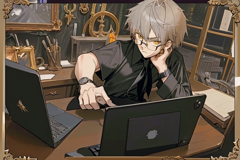 anime boy, a picture of man, 22 years old, yellow eyes, gray hair, has a bangs, medium hair, tied hair in back, glasses, serious eyebrows, work clothing, black shirt, black tie, antique watch somewhere near him, focus in his work, using laptop,  in a vintage roomwork, serious