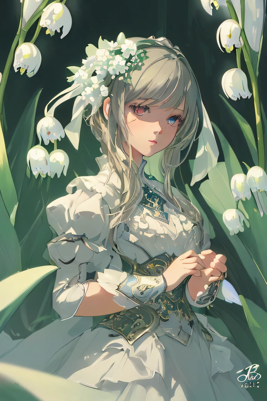 ((masterpiece, highest quality)), High resolution, 8k, Cinematic Light, High Contrast, Written boundary depth, Strong brilliance, Detailed Background, One Girl, cute, Fine grain, Eyes sparkling, Detailed Iris, (Lily of the valley motif)