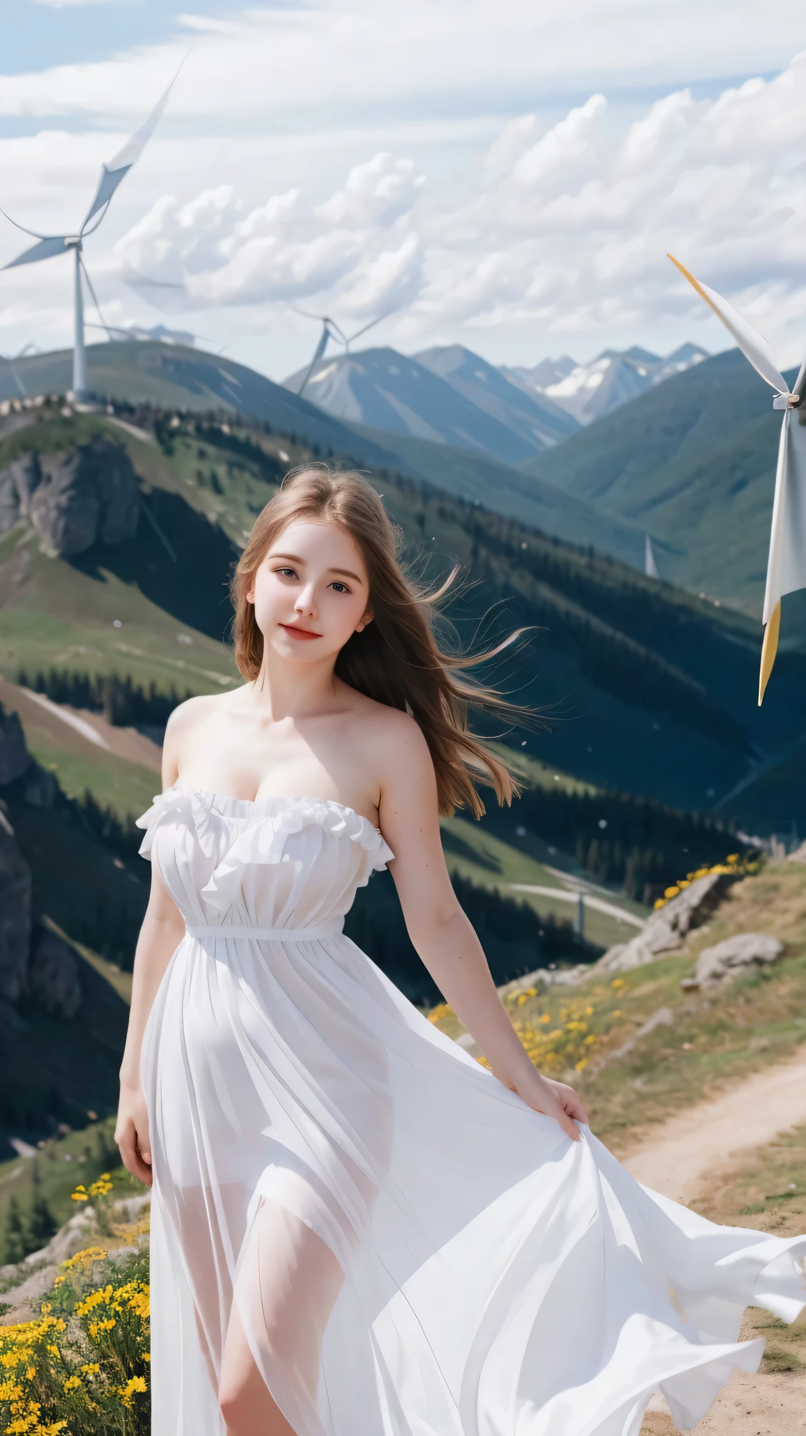 1 Girl, Beautiful, Russian , 24 Years Old, White Skin, Colossal Breast, White Strapless Dress, Top of The Mountain Background, ((wind:1.5)), Pose, ((bokeh:1.2)), ((adorable:1.1)), ((masterpiece:1.1)