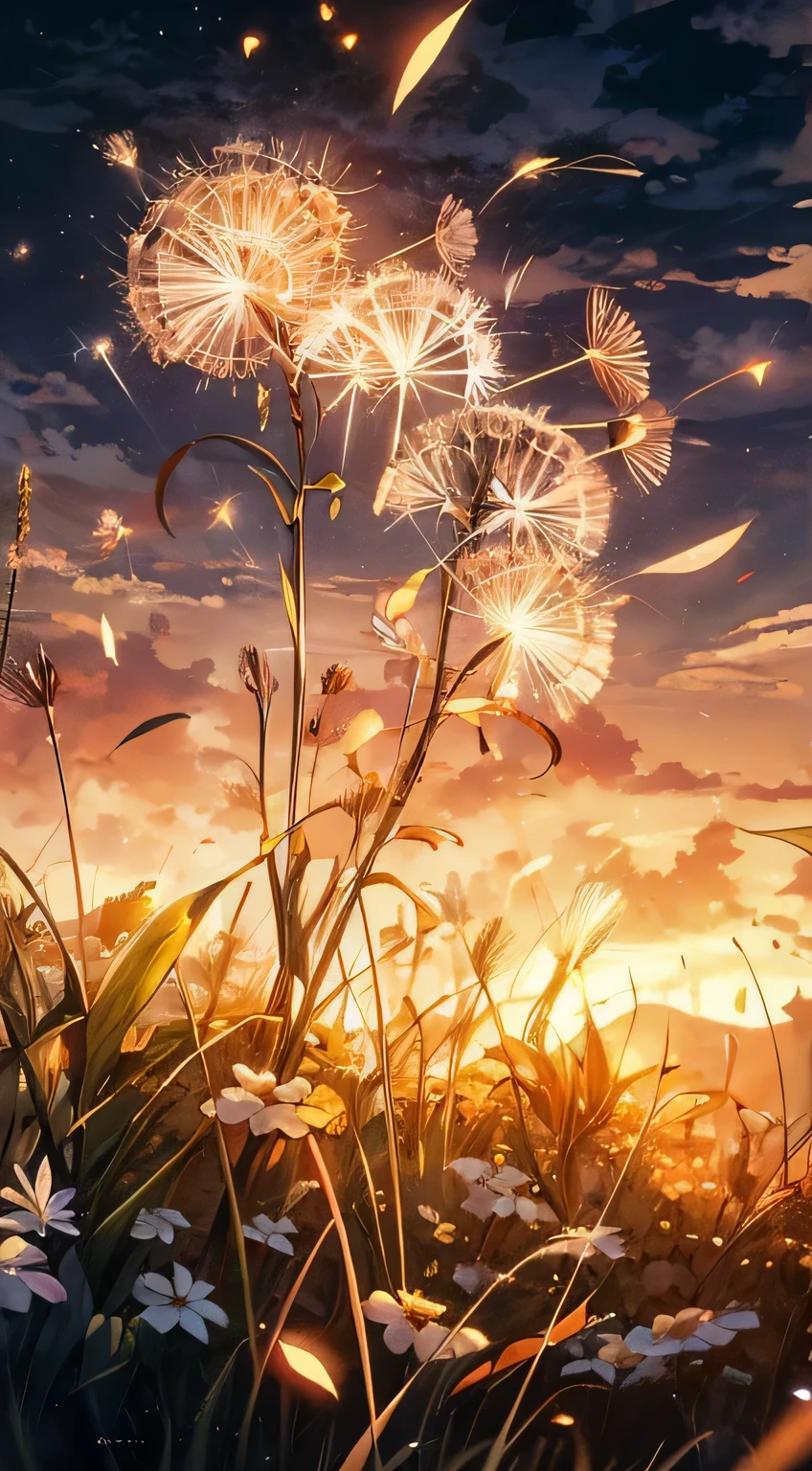 There is a picture of a field with flowers and sky background, Amazing wallpapers, Shinkai Makoto Cyril Rolando, Anime Background, Amazing background, Anime beautiful peaceful scene, Beautiful wallpapers, beautiful art, Beautiful anime scene, background artwork, beautiful artwork, Anime Wallpaper, Glowing dandelion seeds wind background art, Beautiful digital art work, magical scene, gorgeous art