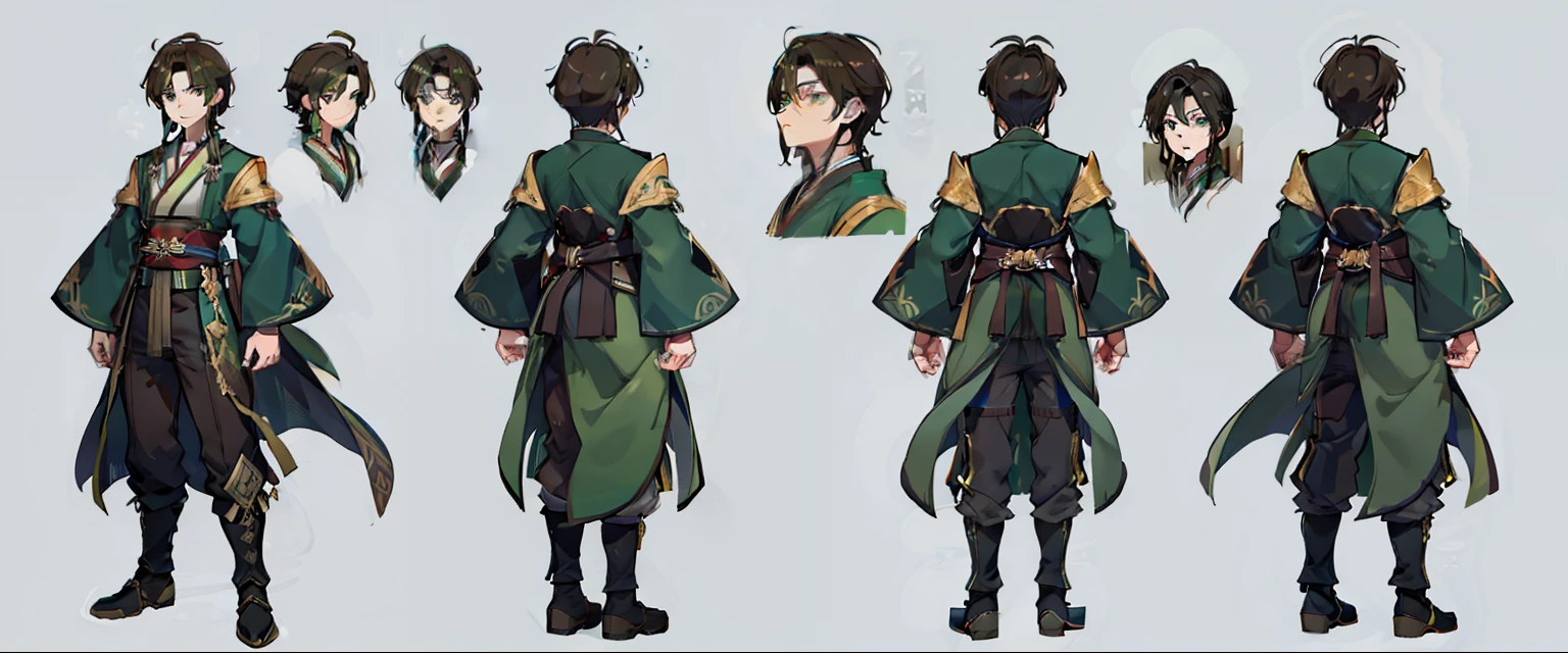 1 person, reference sheet, (Fantasy character design, Front, back, Side) Manly,  Broad shoulders, Tall, lean athletic build. Magical green eyes, long and dark brown hair, neatly kept. flowing runic robes.Hanfu