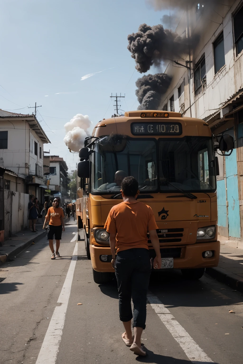 bus leaving the favela with fans around it with orange shirts and orange and black smoke in their hands
