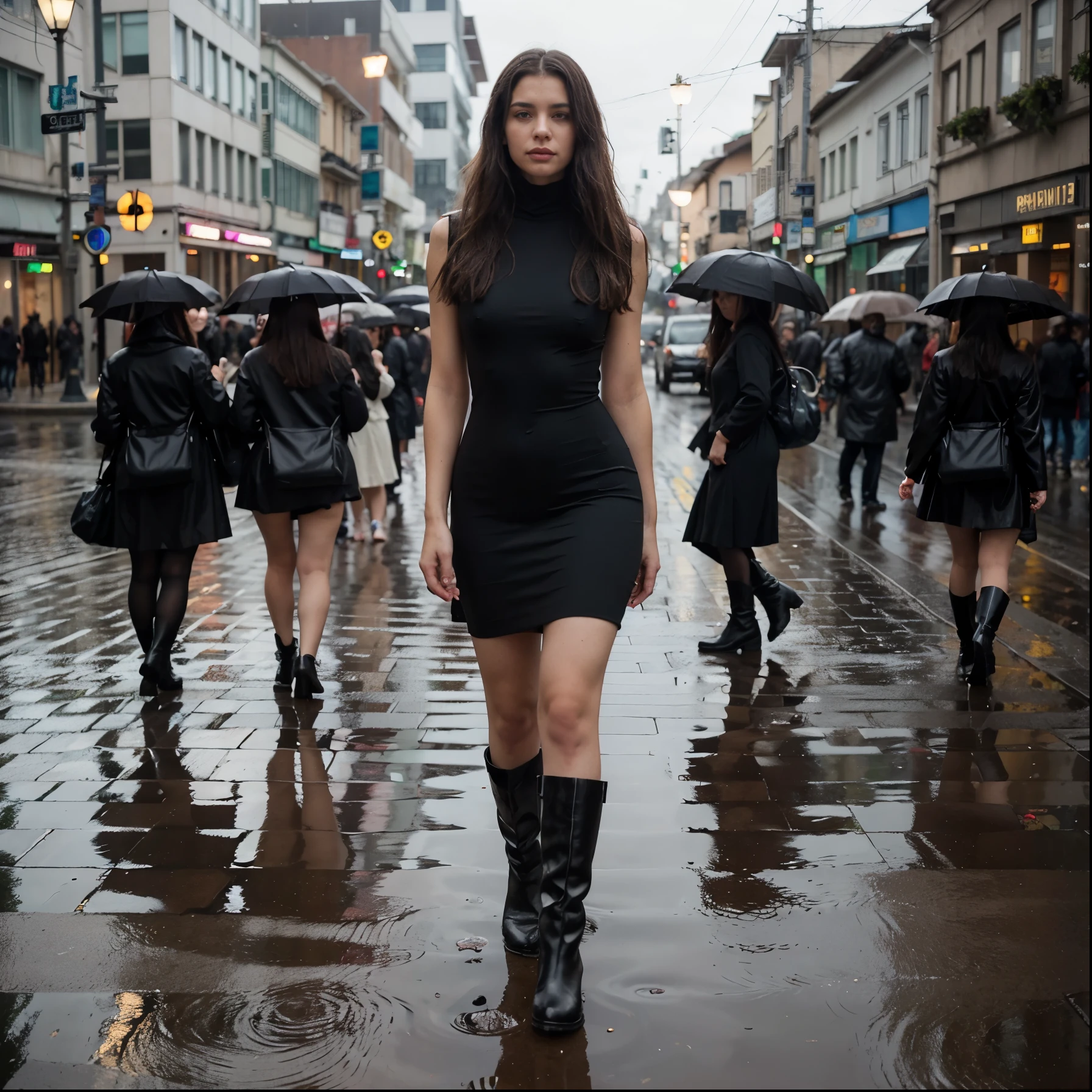 araffe woman in black dress and high boots walking on a wet sidewalk, ruas molhadas, beautiful standing in the rain, standing na chuva, Dasha Taran, na chuva, em um dia chuvoso, Na cidade, em um ambiente chuvoso, olhar molhado, na rua da cidade, Alexandre Rostov, foto Alexei Gurylev