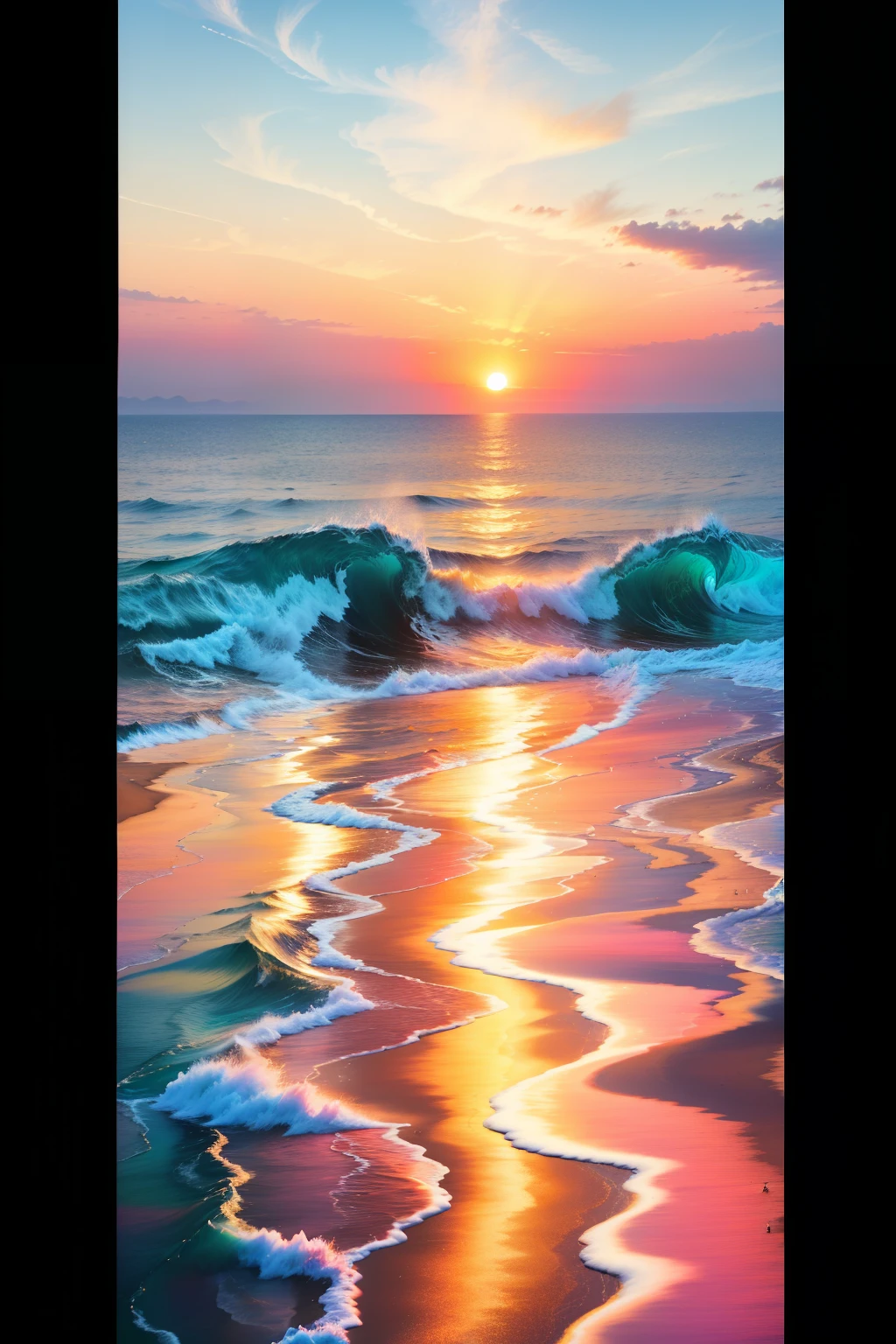 Picture a breathtaking sunrise over the serene sea, with the horizon line blurring the line between the vibrant orange and pink hues of the sky and the deep blue expanse of the ocean. The gentle waves ripple out to the shore, carrying with them the promise of new beginnings and the assurance of the eternal passage of time. The scene is filled with a soothing sense of companionship, as if the sun and the sea are there to remind us that we are never truly alone. The gentle breeze carries a salty scent, invigorating our senses and renewing our spirit. As the first light of day breaks through the darkness, it casts a warm, hopeful glow on everything it