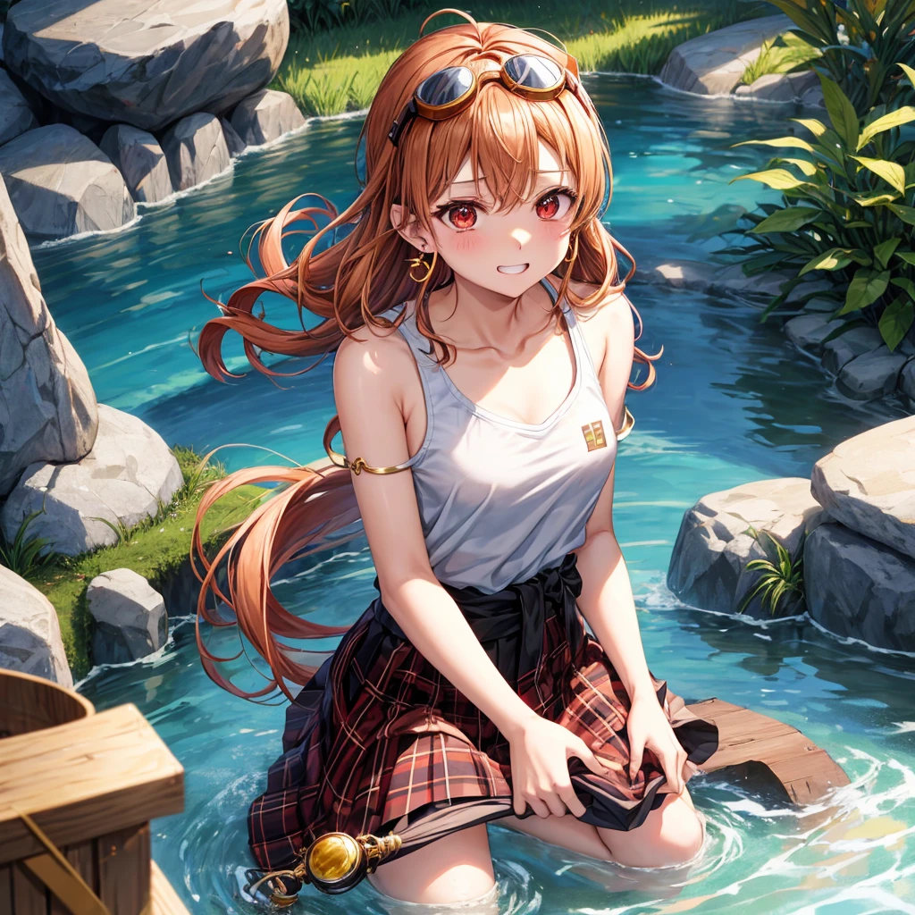 Brown, red, gold, golden hair、Red eyes、One good looking girl、solo、anime、plaid mini skirt、black camisole、Black T-shirt、hoodie、Wearing a ribbon、Ribbon on waist、Crystal Earrings、treasure石のネックレス、Light and shadow、Tilting face、teeth are visible、pillar、Kind Face、Kuroko、Diamond dust、grassland、Water running down the stairs、Overflowing、is increasing、treasure、Hope、wearing goggles on head、Top of the Slope