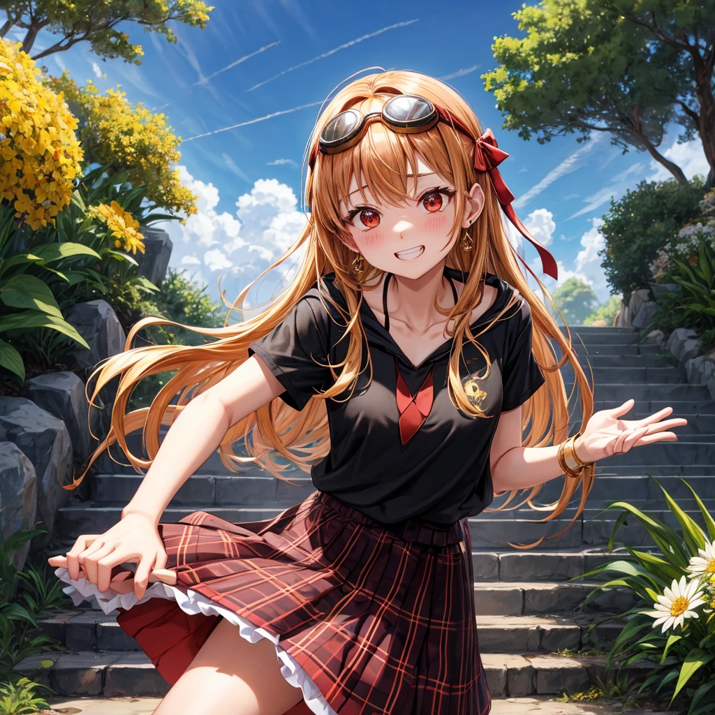 Brown, red, gold, golden hair、Red eyes、One good looking girl、solo、anime、plaid mini skirt、black camisole、Black T-shirt、hoodie、Wearing a ribbon、Ribbon on waist、Crystal Earrings、treasure石のネックレス、Light and shadow、Tilting face、teeth are visible、pillar、Kind Face、Kuroko、Diamond dust、grassland、Water running down the stairs、Overflowing、is increasing、treasure、Hope、wearing goggles on head、Top of the Slope