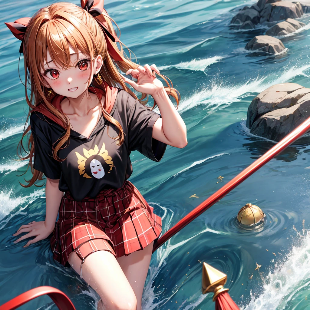 Brown, red, gold, golden hair、Red eyes、One good looking girl、solo、anime、plaid mini skirt、black camisole、Black T-shirt、hoodie、Wearing a ribbon、Ribbon on waist、Crystal Earrings、treasure石のネックレス、Light and shadow、Tilting face、teeth are visible、pillar、Kind Face、Kuroko、Diamond dust、grassland、Water running down the stairs、Overflowing、is increasing、treasure、Hope、wearing goggles on head、Top of the Slope