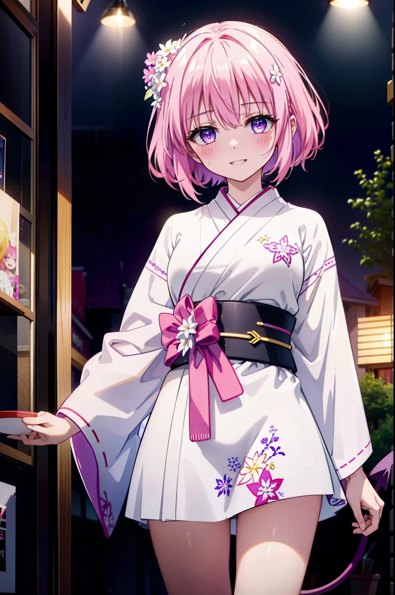 Momodeviluke, Deviluke type, demon tail, Hair Flowers, hair ornaments, (Purple eyes:1.1), Pink Hair, short hair, tail, smile,
break demon tail, Long Hair,happy smile, smile, Open your mouth,blush,Idol-style white kimono,long furisode,White mini cucumber,White tights,Zori sandals,tray, tray in one hand,A beautiful waitress with Long Hair comes to the table to take our order,As if your whole body is in the illustration,
break looking at viewer, (Cowboy Shot:1. 5)
break indoors, coffee shop, 
break (masterpiece:1.2), highest quality, High resolution, unity 8k wallpaper, (figure:0.8), (beautiful detailed eyes:1.6), extremely detailed face, Perfect lighting, extremely detailed CG, (Perfect hands, Perfect Anatomy),