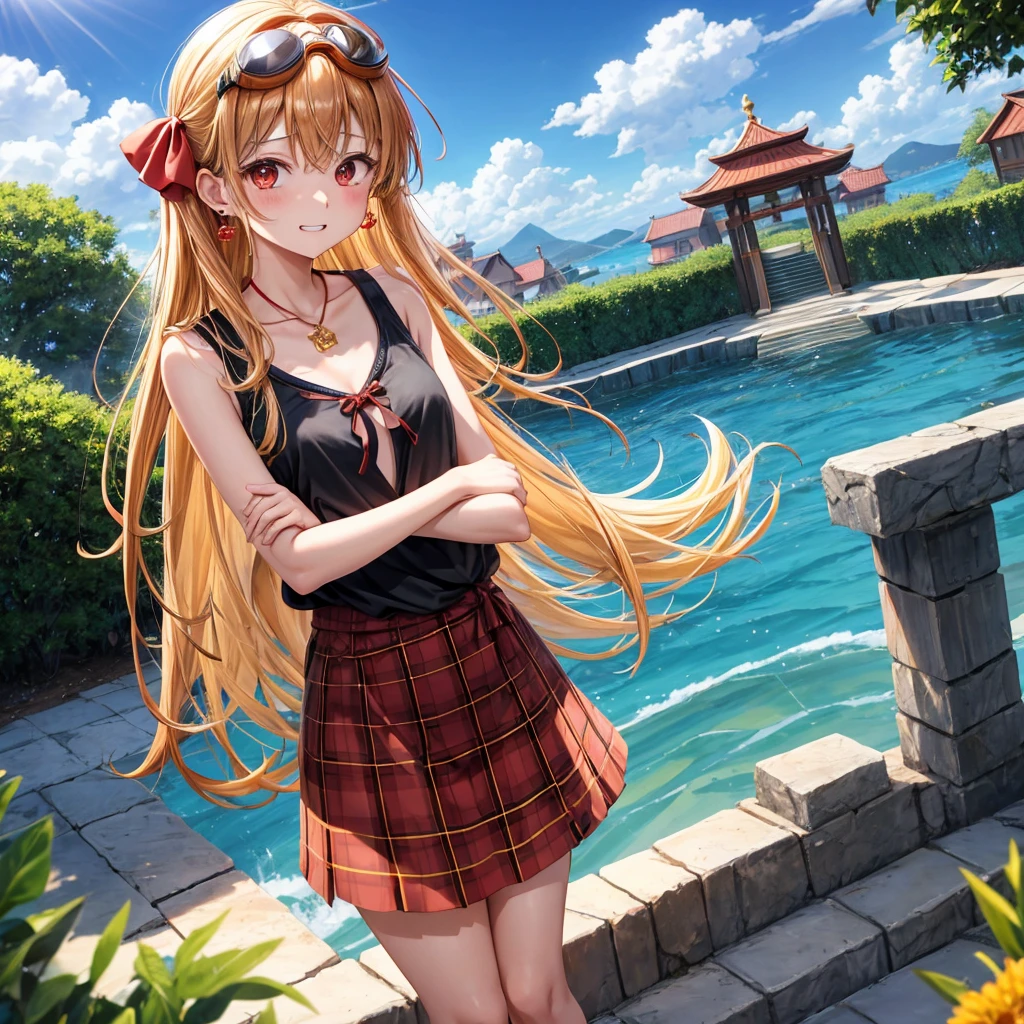 Brown, red, gold, golden hair、Red eyes、One good looking girl、solo、anime、plaid mini skirt、black camisole、Black T-shirt、hoodie、Wearing a ribbon、Ribbon on waist、Crystal Earrings、treasure石のネックレス、Light and shadow、Tilting face、teeth are visible、pillar、Kind Face、Kuroko、Diamond dust、grassland、Water running down the stairs、Overflowing、is increasing、treasure、Hope、wearing goggles on head、Top of the Slope