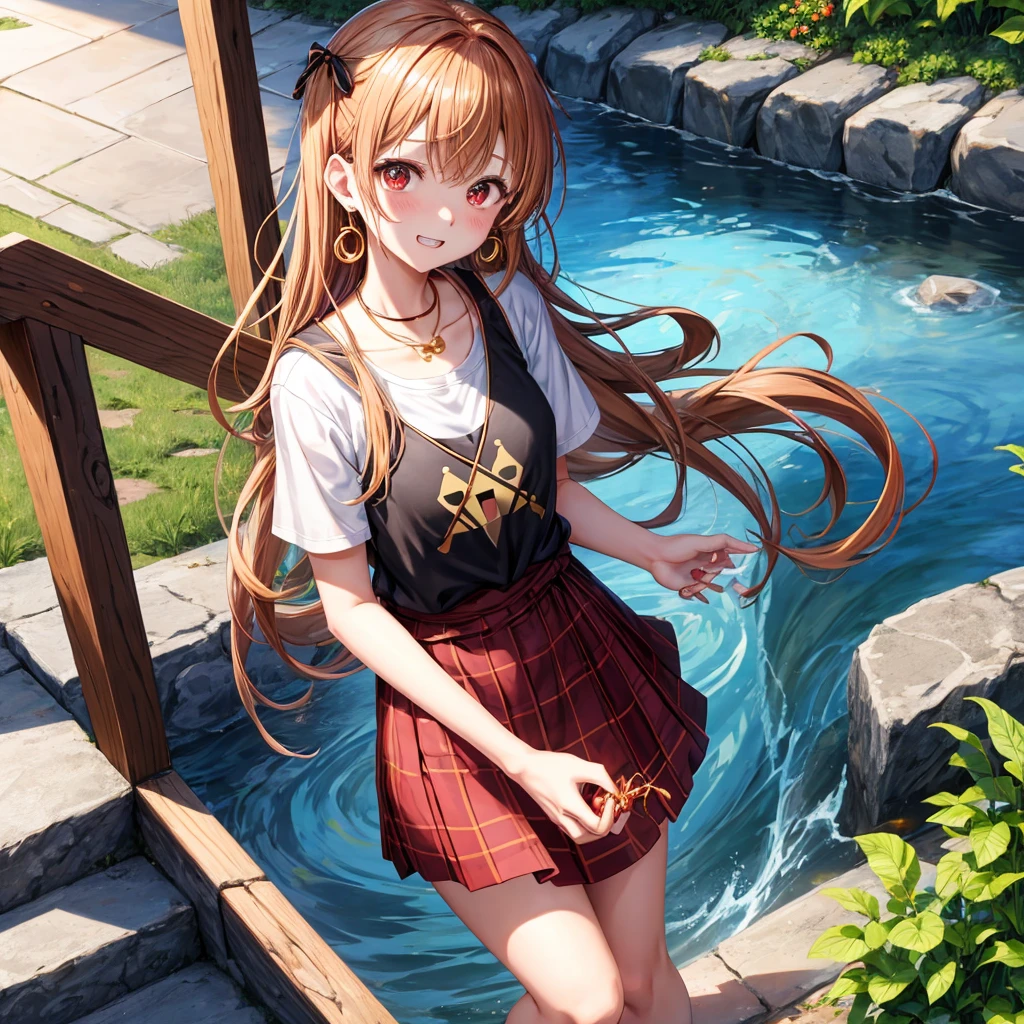 Brown, red, gold, golden hair、Red eyes、One good looking girl、solo、anime、plaid mini skirt、black camisole、Black T-shirt、hoodie、Wearing a ribbon、Ribbon on waist、Crystal Earrings、treasure石のネックレス、Light and shadow、Tilting face、teeth are visible、pillar、Kind Face、Kuroko、Diamond dust、grassland、Water running down the stairs、Overflowing、is increasing、treasure、Hope、wearing goggles on head、Top of the Slope