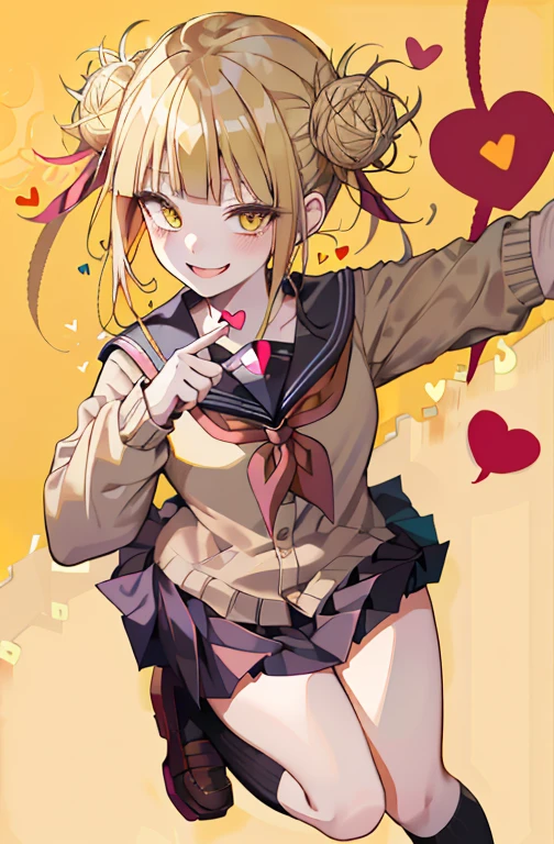 (masterpiece, best quality;1.3), ultra detailed, 1girl, solo, smile, gold hair,
miniskirt, yellow cardigan, long sleeves, sailor collar, red neckerchief, black kneehighs,micro mini skirt, from above,
Himiko Toga, TOga, Himiko, (heart_eyes_full), heart_eyes_inside