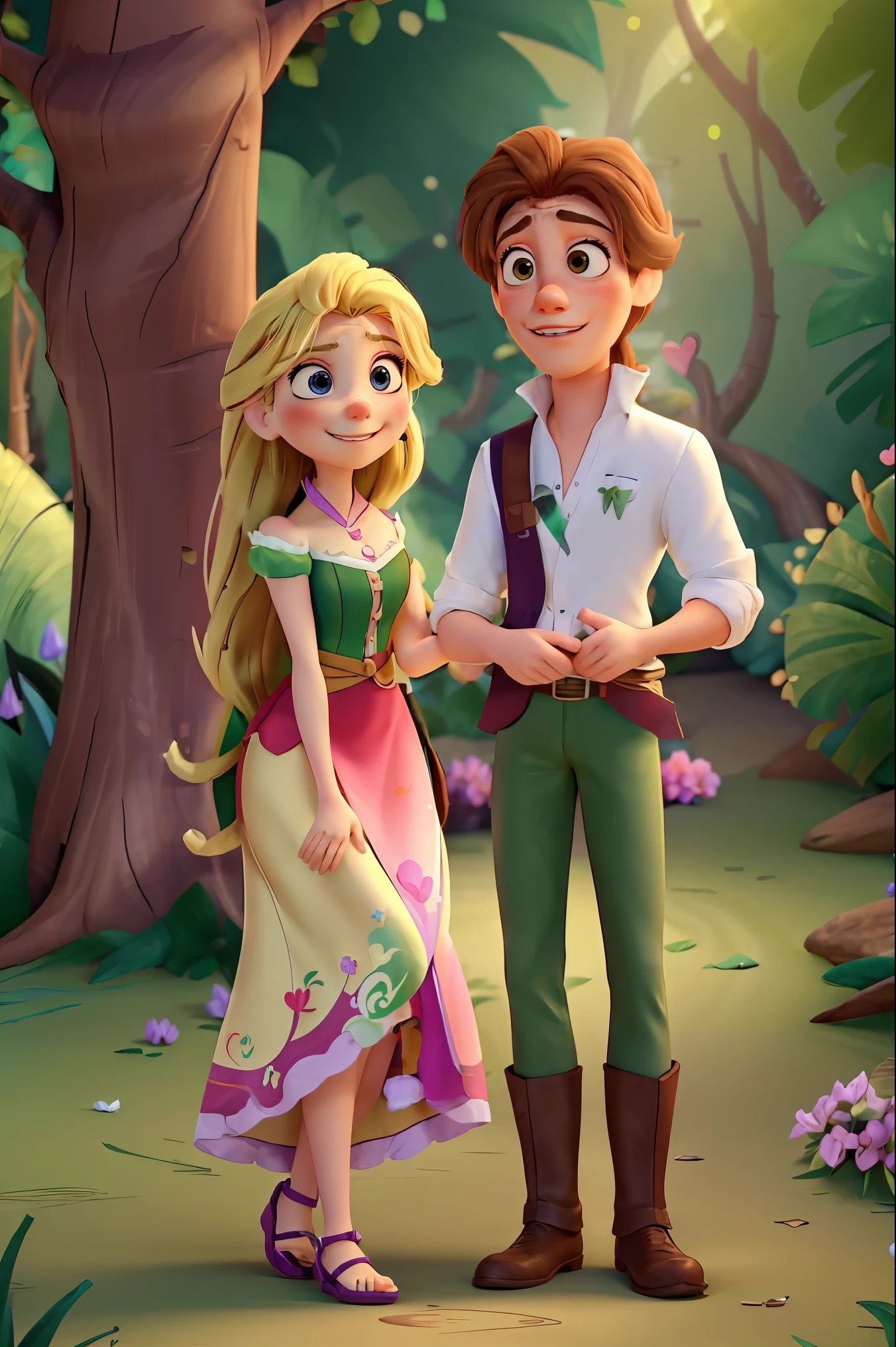 (Masterpiece, best quality:1.2), (a girl and boy), rapunzel and eugene, (smiling), heart, happy couple, both smiling, cute, green eyes,   simple background, (forest background)，realistic，3d，skin texture，Purple skirt