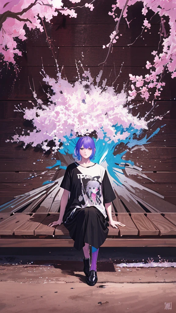 (shape: giant gram), (Flat Color:0.9),(colorful:1.1),(masterpiece:1,2), highest quality, masterpiece, High resolution, original, Highly detailed wallpaper, View your viewers,,,A Cyborg Girl,alone,Portraiture, T-Shirts, Mark Rothko & basquiat style background, oil, abstract expressionism, Expressionless,cherry blossoms,cherry blossomsの花,cherry blossoms並木,Five fingers,