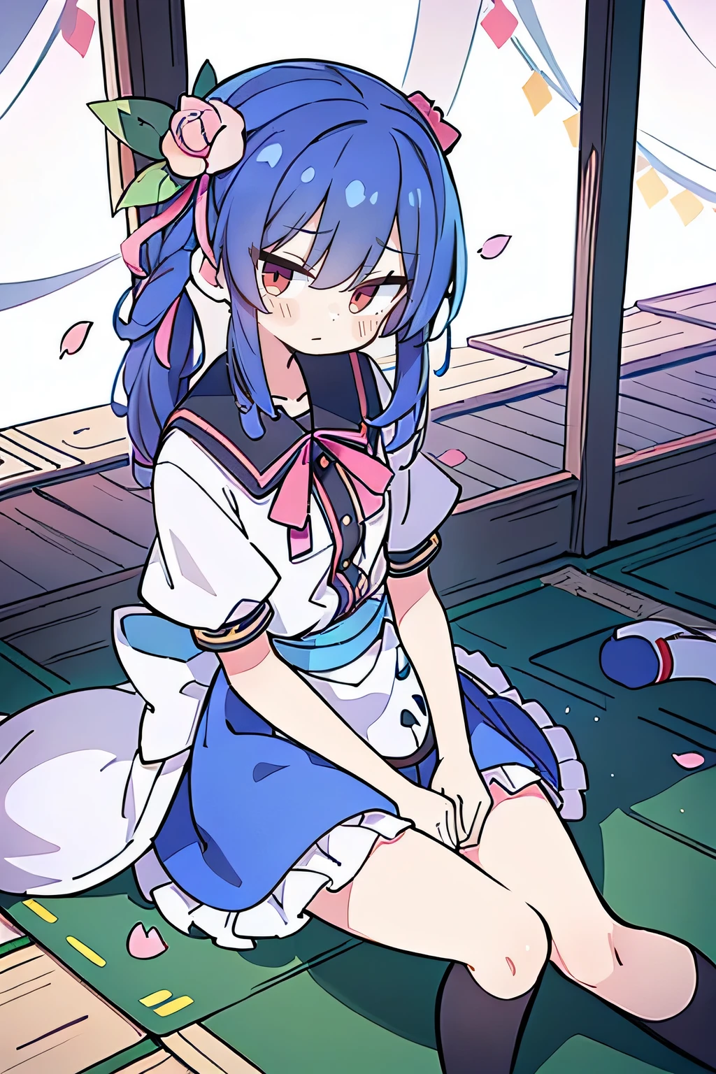 (best quality, masterpiece:1.2), expressive eyes, perfect face, 1 girl, hands on waist, beautiful, gorgeous, Japanese animation, Lola, Hinamori Angel, blue hair, floating clothes, waist grab, waist grab, hands on hips, sitting, sitting on the ground, legs on the ground, flat-chested, falling petals, sitting in a pavilion, pavilion.