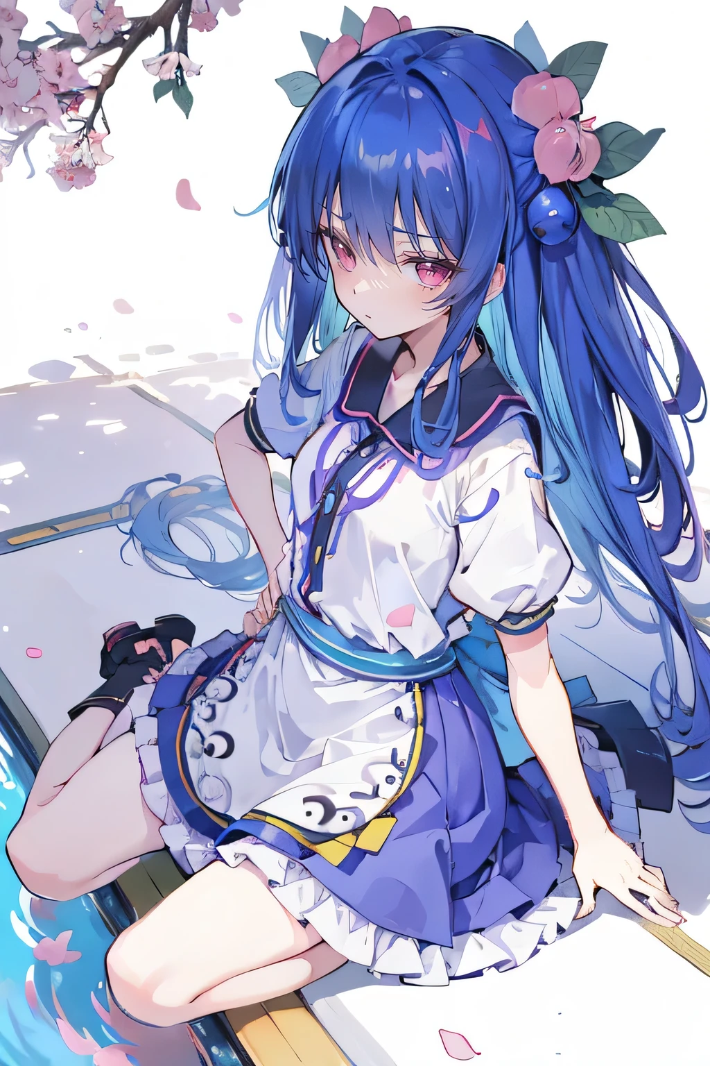 (best quality, masterpiece:1.2), expressive eyes, perfect face, 1 girl, hands on waist, beautiful, gorgeous, Japanese animation, Lola, Hinamori Angel, blue hair, floating clothes, waist grab, waist grab, hands on hips, sitting, sitting on the ground, legs on the ground, flat-chested, falling petals, sitting in a pavilion, pavilion.