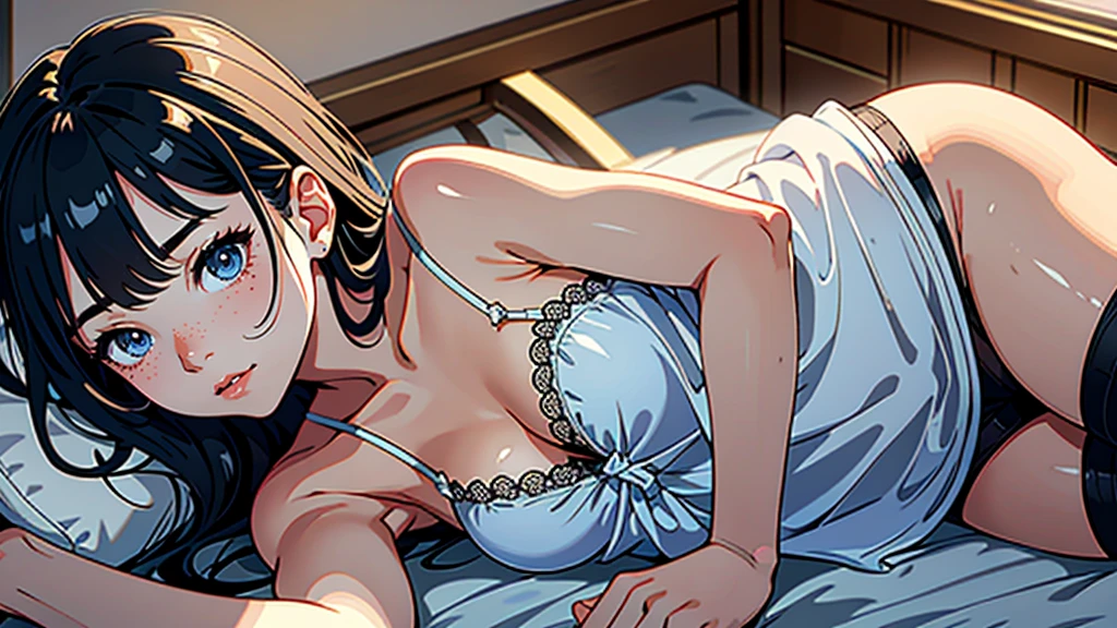 masterpiece, highest quality, (Highly detailed CG Unity 8k wallpaper), (highest quality), (Best illustrations), (Best Shadow), Confused, Realistic lighting, (abyss), Beautiful and delicate shine,Random Pause,((Silk camisole dress)),Cute freckles on the cheeks,Mole under left eye, Sunburn mark, Japanese Model, Young sensual gravure idol, yasumoto oka, A real young gravure idol,