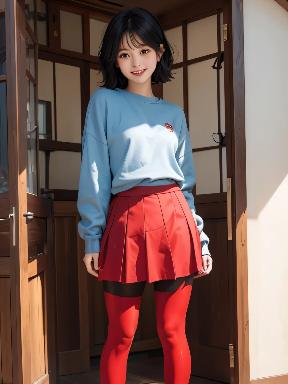 masterpiece:1.3), (8k, Realistic, RAW Photos, highest quality:1.4), (Realistic face), (Black Hair、Short Haircut、Beautiful Hairstyles、Ear piercing、, smile、Beautiful teeth alignment、Beautiful small blue eyes, (realistic skin texture), (Beautiful Skin),charm, Ultra-high resolution, Ultra-realistic skin, (Natural light)、Golden Ratio, ((smile)), ((full body shot)), (((Red trainer)))、((skirt、Black tights、pumps))