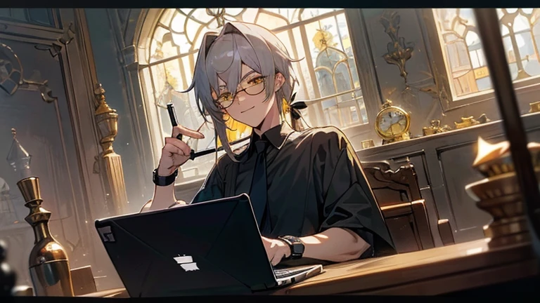 anime boy, a picture of man, 22 years old, yellow eyes, gray hair, has a bangs, medium hair, tied hair in back, glasses, serious eyebrows, work clothing, black shirt, black tie, antique watch somewhere near him, focus in his work, using laptop, in a vintage roomwork, serious but smiling, smirk 