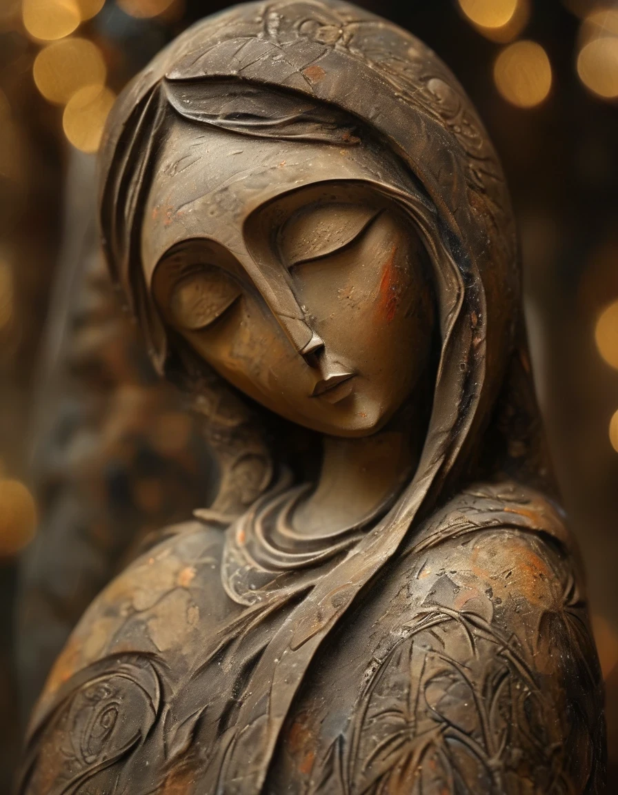 (masterpiece, best quality:1.2), Statue of the Virgin, Painted in earthy tones，With subtle patterns and textures，Invoking Ancient Wisdom. Focus on the face，With depth of field and bokeh effects. This is a high resolution image，Complex details，The background is dark，Soft lighting, style of. 
