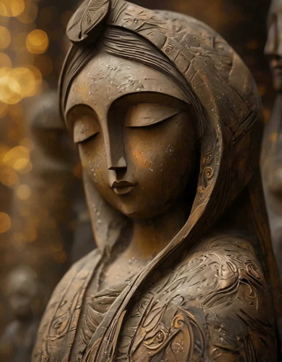 (masterpiece, best quality:1.2), Statue of the Virgin, Painted in earthy tones，With subtle patterns and textures，Invoking Ancient Wisdom. Focus on the face，With depth of field and bokeh effects. This is a high resolution image，Complex details，The background is dark，Soft lighting, style of. 
