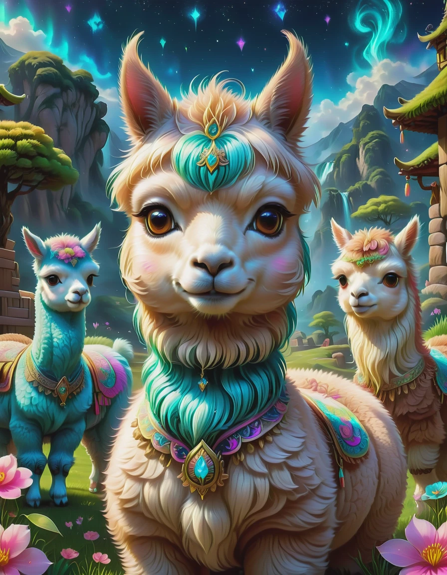 (A cute kawaii alpaca:1.5), Lovely, fantasy creatures, Extremely detailed, Colorsplash, high quality