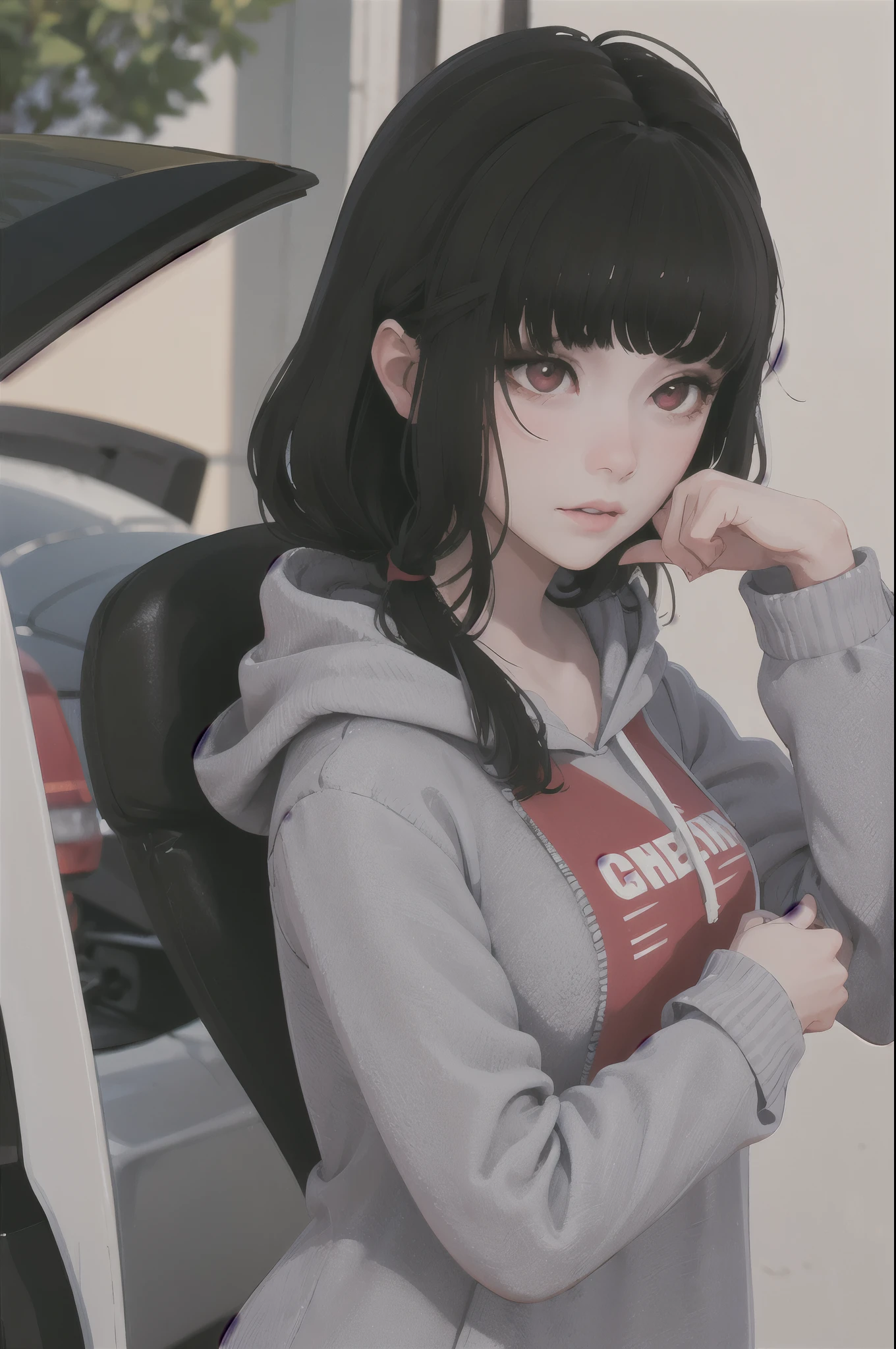masterpiece, highly detailed, best quality, 1girl, solo, Luna, tucked black hair, red eyes, blunt bangs, hoodie