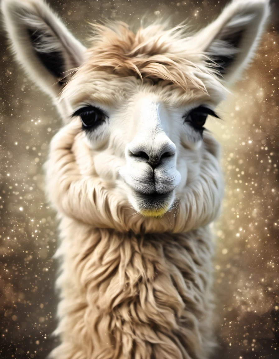 (masterpiece, best quality:1.2),  Drawing of a cute alpaca in earthy tones,With subtle patterns and textures，Invoking Ancient Wisdom. Focus on the face，With depth of field and bokeh effects. This is a high resolution image，Complex details，The background is dark，Soft lighting, style of. 
