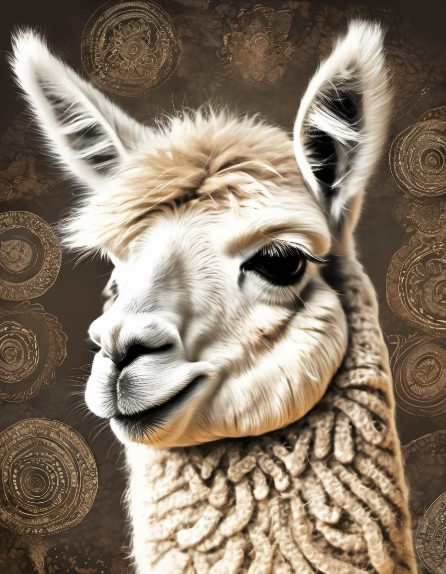 (masterpiece, best quality:1.2),  Drawing of a cute alpaca in earthy tones,With subtle patterns and textures，Invoking Ancient Wisdom. Focus on the face，With depth of field and bokeh effects. This is a high resolution image，Complex details，The background is dark，Soft lighting, style of. 
