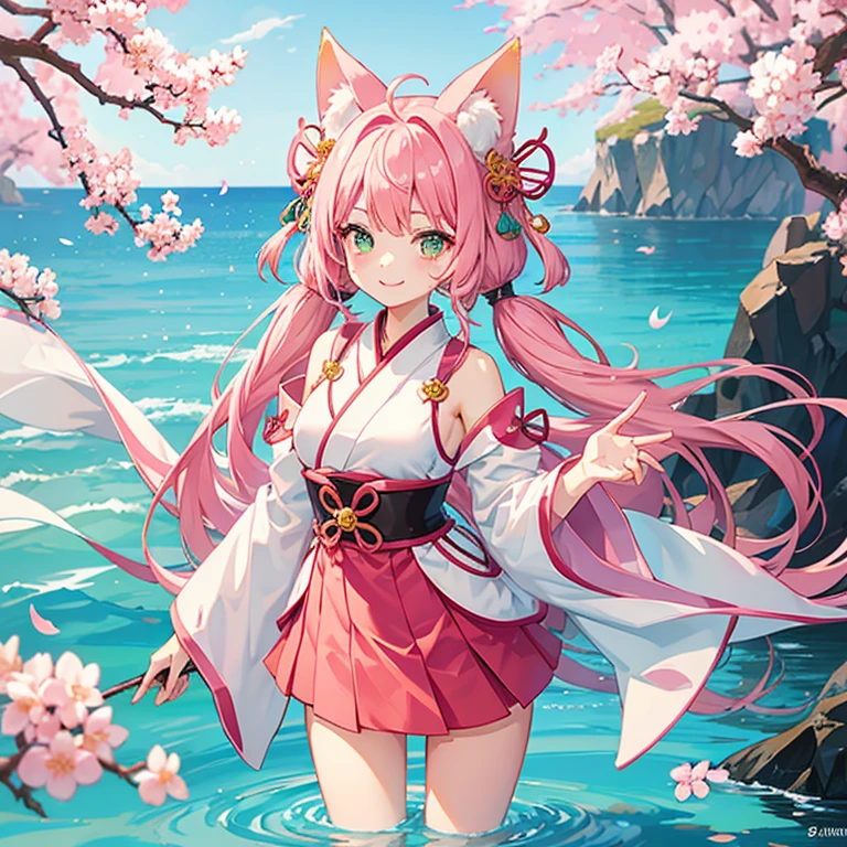 Pink Hair、Pink fox ears、pink fox tail、Green Eyes、smile、Buoy sign with both hands、A mix of Japanese and Chinese clothing、cherry blossoms、Low Twintails、short and thick eyebrows、Cropped bangs、Short bangs