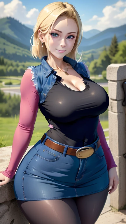 best quality, high resolution, AND18, 1 Girl, Robot 18, Solitary, Blonde hair, blue eyes, A bit big，Large bust，Cleavage，belt, Blue Denim Skinny Skirt, Golden necklace, Clenched fist, black shirt, short hair, Long sleeve, earrings, Open vest, denim dress, Medium breasts, Cowboy shooting, Mountains, direct, (weather: It's windy and rainy), Wet clothes, Fierce smile, Fighting Stance, Full-length pantyhose, War Sites, Wide hips, Thick Legs, Wet shirt, floating, Clothes are torn,