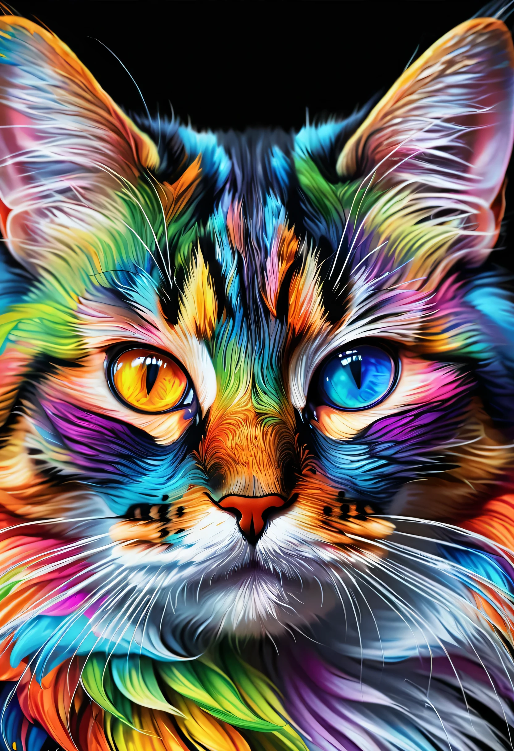 painting of a Cat with a colorful face and eyes, Airbrushing painting by Zahari Sograph, Trending on ArtStation, fur art, Beautiful art UHD 4K, Highly detailed digital art in 4K, 4K Detailed Digital Art, Cat. Digital Painting, Detailed painting 4k, Digital Painting highly detailed, Beautiful digital art, highly detailed Digital Painting