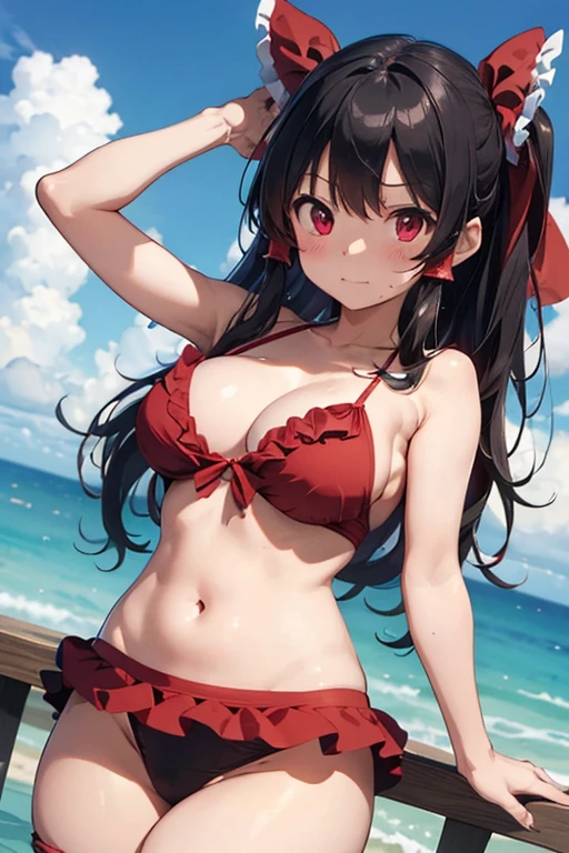 Reimu Panties visible Huge breasts Breasts visible, confused face Wearing a swimsuit Breasts visible Breast size is 25 Panties are red or black