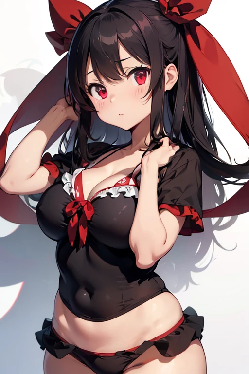 Reimu Panties visible Huge breasts Breasts visible, confused face Wearing a swimsuit Breasts visible Breast size is 25 Panties are red or black