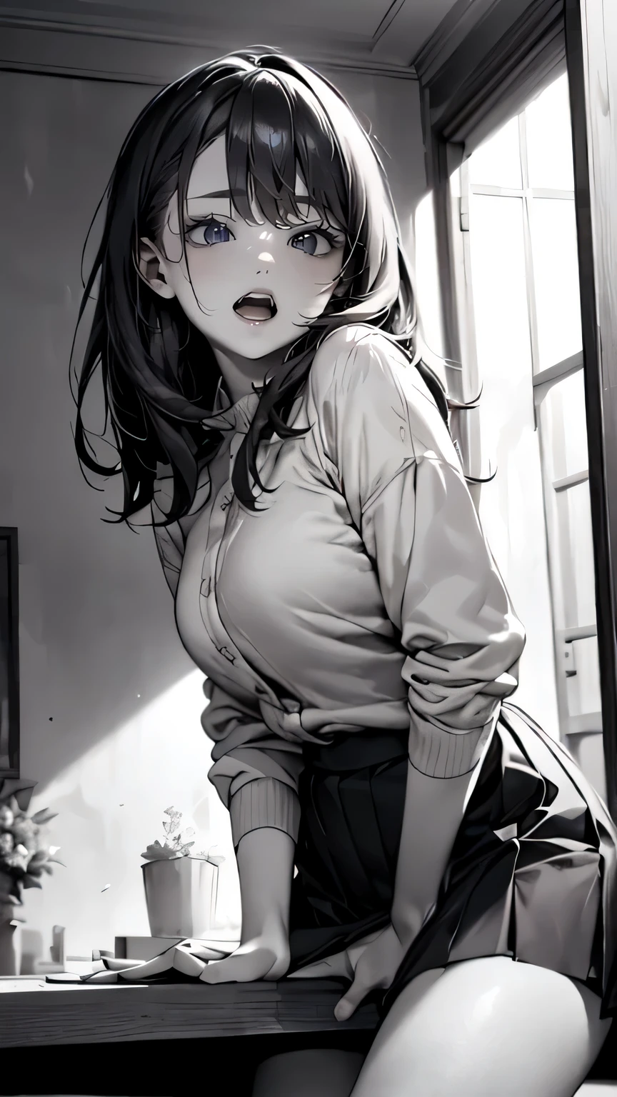depicting a moment from manga for adults, ((standing and straddling to hit her crotch against the corner of the table))), skirt various patterned, blush, round face, eyes with realistic sizing, drooping eyes, blush, shame smile, spread legs, open mouth,