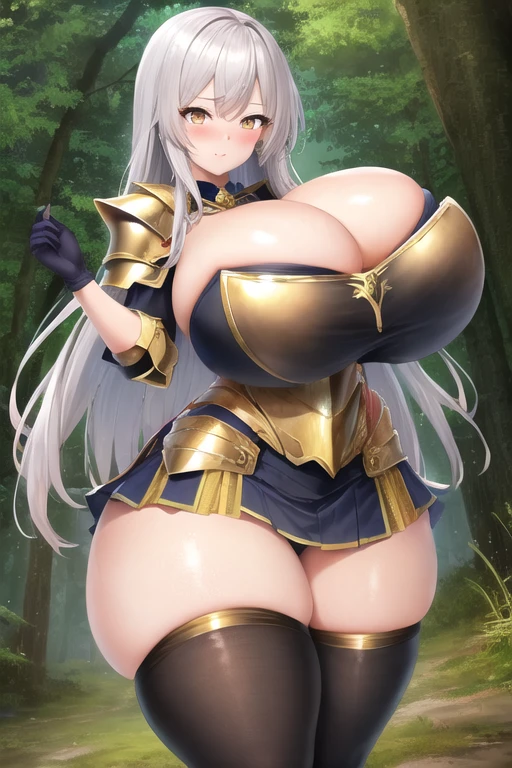 masterpiece, best quality, 1girl, forest, white hair, long hair, golden eyes, cute, blushing, horny, (silver and gold knight armor:1.2), skirt, thigh highs, (curvy, slim waist, big breasts, bursting breasts, wide hips, huge thighs:1.1)
